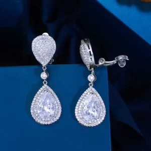 RENSINO No Hole Bright Cubic Zircon Silver Plated Non Pierced Clip on Dangle Earrings for Women Bridal Wedding Classic Jewelry