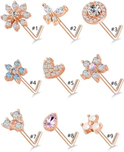 RENSINO Nose Rings Stud L Bone Screw Shaped Nose Ring Flower CZ Snowflake Butterfly Screw Nose Stud Body Piercing Jewelry for Women