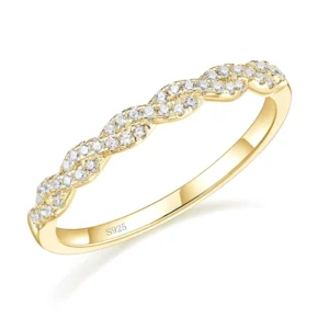RENSINO OAHLAN 14k Gold Plated 925 Sterling Silver Wedding Band for Women Cubic Zirconia Rose Gold Twisted Rope Full Eternity Band Ring