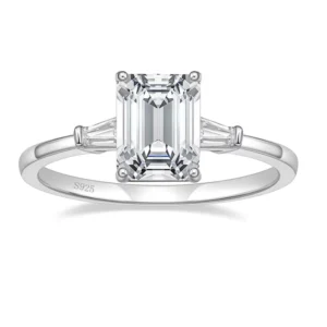 RENSINO OAHLAN 3CT 925 Sterling Silver Classic Geometric 3 Stone Emerald Cut CZ Engagement Rings Promise Wedding Bands Women Party