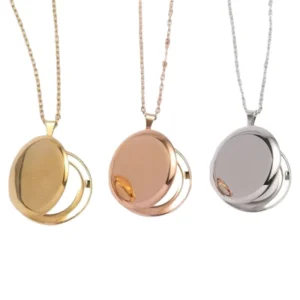 RENSINO OEM Custom Jewelry Plain Round Locket Stainless Steel Pendant Necklace Silver Rose Gold Plated Photo Locket Necklace