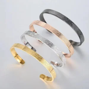 RENSINO OEM Customised Names Muslim Quran Cuff Ayatul Kursi Men Bracelet Opp Bag Arabic Bracelet Stainless Steel Unisex Bracelet