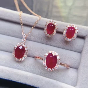 RENSINO OEM ODM 925 Sterling Silver Natural Ruby Oval Cut Holiday Celebration Engagement Token Luxury Jewelry Set for Women