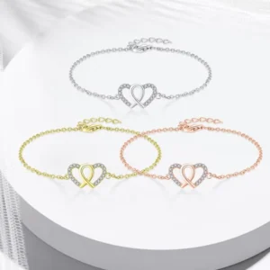RENSINO OEM ODM Valentines Zircon Rhodium Plated Women Gifts 925 Sterling Silver Double Custom Luxury Heart Bracelet