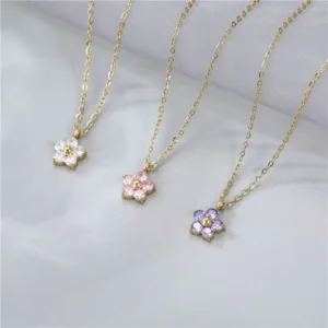 RENSINO OEM PVD Plated Flower Shape Zircon Jewelry Clavicle Chain Stainless Steel Necklace for Women