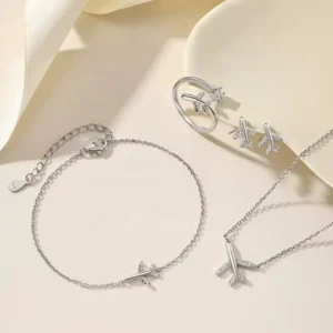 RENSINO OEM Women’s Trendy Rhodium Plated 925 Sterling Silver Small Aircraft Design Jewelry Set Engagement
