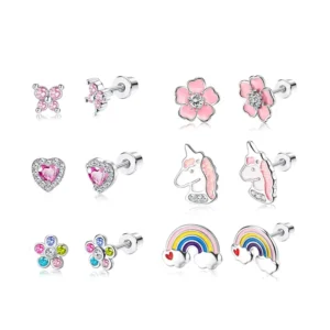 RENSINO Ohrringe Unicorn Enamel Rainbow Cake Heart Shape Tiny Korean Small Silver Stud Earrings Children Jewelry Earrings for Girls
