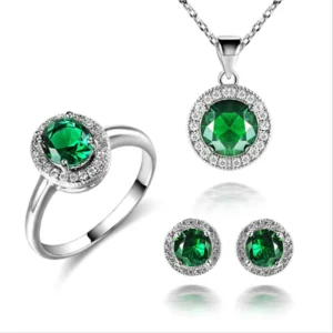 RENSINO Onier China 925 Silver Jewelry Set Round Shape Emerald Green Zircon Jewelry Set for Wedding