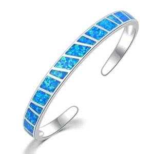 RENSINO Opal Hawaii Style Blue Square Stripe Silver Plated Women’s Cuff Bracelet Handmade Inlaid Opal Jewelry for Anniversary