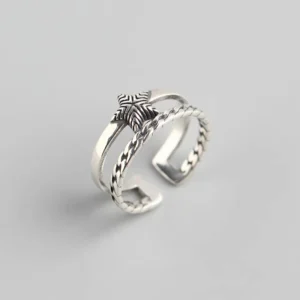 RENSINO Open Adjustable Rings Exquisite 925 Sterling Silver Gold Plated Double Layer Chain shaped Geometric Star Classic Anniversary