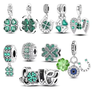 RENSINO Original 925 Sterling Silver Charms Bead CZ Zircon Four leaf Clover Dangle Fit Bracelet Certified DIY Woman Jewelry Gift