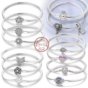 RENSINO Original 925 Sterling Silver Gold Plated Charm Bracelet Zircon Love Heart Flowers Butterfly Charms Women’s Fashion Jewelry Gift