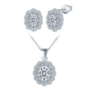 RENSINO Oval Flower Moissanite VVS Diamond Necklace 925 Silver Women Mossanite Earrings
