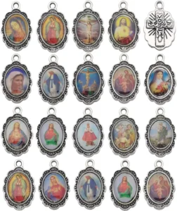 RENSINO Oval Mix Saint Charms St Virgin Mary Charms Religion Metal Medal Pendant for Rosary Bracelet Making
