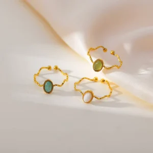RENSINO Oval Shaped Natural Stone Rings Irregular Wave Gold Plated Stainless Steel Open Rings for Women Tourism Commemoration