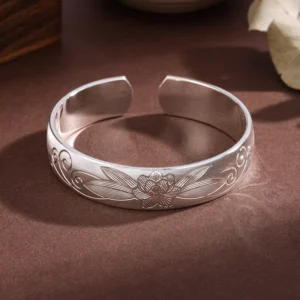 RENSINO PFT White Copper Silver Plated Bracelet Wide Face Cherry Blossom Brushed Shiny Bracelet Floral Bracelet Women’s Bracelet