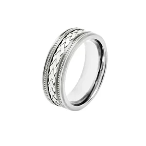 RENSINO POYA Jewelry Men’s Titanium Sterling Silver Woven Lattice Pattern Inlay Ring