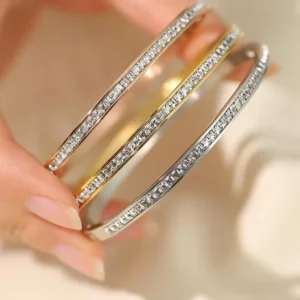 RENSINO PVD 18K Gold Plated Waterproof Tested Stainless Steel Square Zircon Bangle Cuff Bracelet Tarnish Free