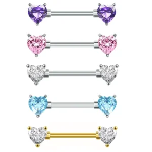 RENSINO Pair 14G Heart Shaped Stainless Steel Nipple Nails Sexy Body Accessories Large Zircon Milk Ring for Fashion Piercing Jewelry
