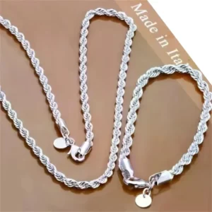 RENSINO Party Bracelet Silver Accessories Men’s 4MM 40-60cm 2PCS Rope Chain Necklace Bracelet Women’s Fashion Wedding Gift Jewelry