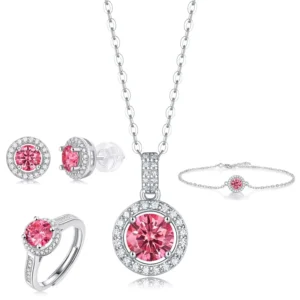 RENSINO Pass Diamond Tester Pink Moissanite Jewelry Set 925 Silver Moissanite Jewelry Sets Ring Earring Bracelet Pendant Chain Set