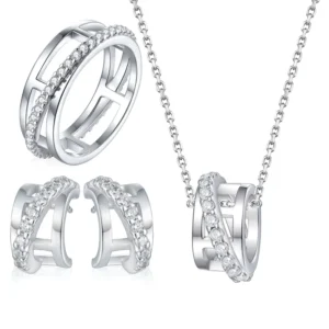 RENSINO Pave Diamond Ring Earrings & Necklace S925 Sterling Silver 3 Piece Geometric CZ Jewelry Set for Women