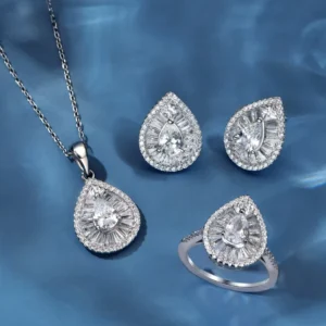 RENSINO Pear Shape White Cz Diamond Necklace Water Drop 925 Sterling Silver 5a Cubic Zircon Engagement Ring Zirconia Stud Earring Set