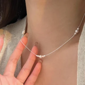 RENSINO Pearl Necklace 925 Sterling Silver Minimalist Beaded Collarbone Chain Necklace