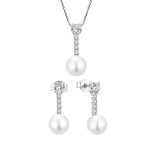 RENSINO Pearl and Cubic Zirconia 925 Sterling Silver Pendant Necklace and Earrings Set