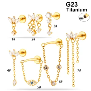 RENSINO Pendant ASTM F136 Titanium Cartilage Earrings CZ Long Dangle Flat Back Stud Earring Tragus Helix Piercing Jewelry