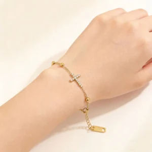 RENSINO Pendant Pvd 18K Gold Zirconium Cross Pieced Together Stainless Steel Chain Bracelet