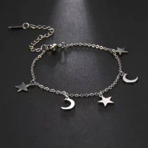 RENSINO Pentagram and Moon Pendant Anklet Stainless Steel Girls Summer Beach Exquisite Cute Accessories Gift