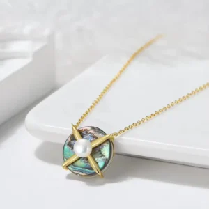 RENSINO Personalized Quadrangle Chain Necklace 14K Gold Plated Pearl Necklace With Abalone Shell