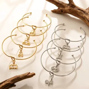 RENSINO Personalized Stainless Steel Zodiac Bracelet Minimalist Open Cuff Bangle with 12 Constellations Pendant Gold Silver Jewelry
