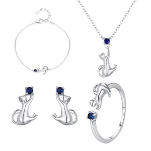 RENSINO Personalized Trendy Jewelry 925 Sterling Silver Kitten Cat Earrings Rings Bracelet Necklace 4pcs Jewelry Set for Women