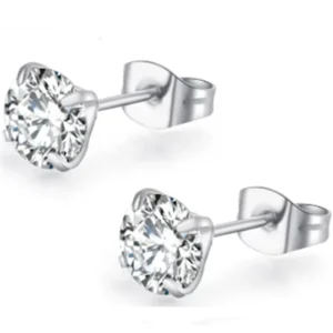 RENSINO Pierce Earring Body Jewelry Stainless Steel Metal Silver Color Zircon Stone Stud Earrings