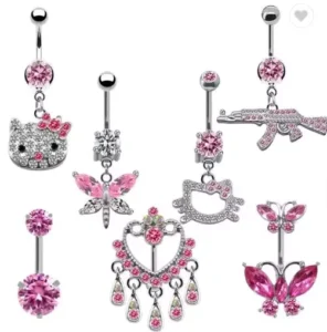 RENSINO Pink CZ Navel Piercing Rings 316L Stainless Steel Butterfly Heart Dangle Belly Button Rings for Women Body Jewelry