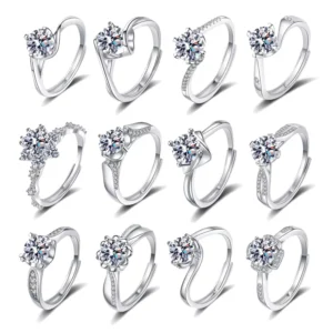 RENSINO Platinum Plated 925 Sterling Silver 1CT Brilliant Cut Moissanite Diamond Ring Adjustable Engagement Ring With GRA Certification