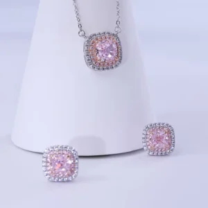 RENSINO Platinum Plated Pink Diamond Necklace Earrings Set Made 925 Sterling Silver Featuring Pink Wedding Party
