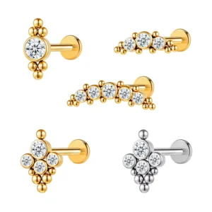 RENSINO Polished Gold Labret Stud Zirconia Tragus Daith Cartilage Earrings Piercing Jewelry
