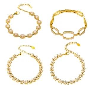 RENSINO Popular Custom High End Jewelry Stainless Steel 5A Zircon Flower Full Diamond Bracelet Set