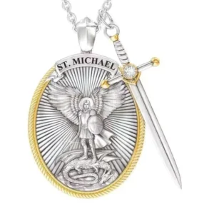 RENSINO Popular Fashion Retro Trendy Oval Silver Color Shield Knight Shield Sword Alloy Necklace Pendant for Men