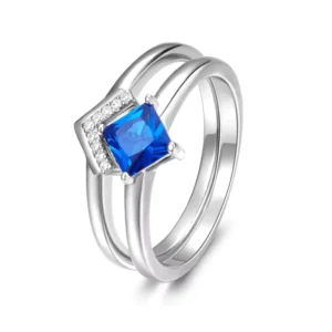 RENSINO Premium 925 Sterling Silver Wedding Ring Set 2 Piece Vintage Blue Zircon Decorated Band Elegant Jewelry for Engagement
