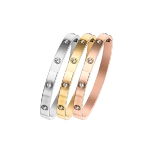 RENSINO Premium Style Snap Fastener Women’s Gold Zirconium Cuff Bracelet Stainless Steel Geometric Design Won’t Fade Jewelry