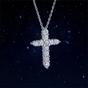 RENSINO Premium VVS Moissanite Diamond Cross Pendant Necklace 1.1/2.4CT Fine Sterling Silver for Women Party Gift
