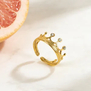 RENSINO Princess Crown Ring 18K PVD Gold Plated Stainless Steel Hypoallergenic Elegant Light Luxury High Grade Engagement Women