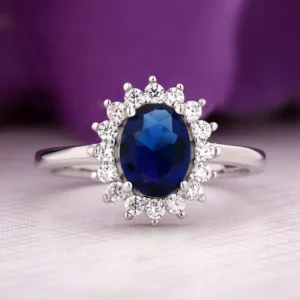 RENSINO Princess Diana Class Gemstone Birthstone Sapphire Halo Engagement Rings 925 Sterling Silver Promise Rings for Women