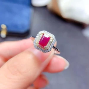 RENSINO Princess-cut Natural Ruby 925 Sterling Silver Korean Minimalist Ring for Engagement Anniversary Wedding