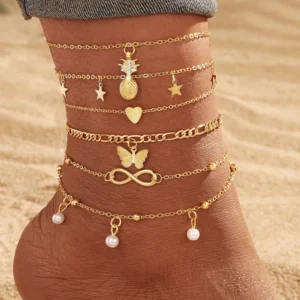 RENSINO Product Gold Plated Retro Personalized Design Multi Layer Butterfly Women’s Pendant Anklet Set Fashion Jewelry