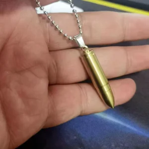 RENSINO Punk Hip Hop Gold Bullet Pendant Necklace For Men Unisex Stainless Steel Ball Chain Jewelry Gift ( Siwch And Lock)